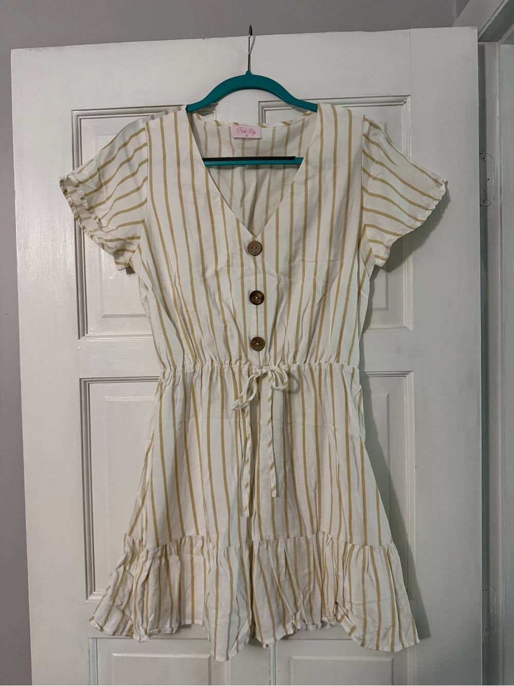 Pink Lily Cream Mini Dress with Tan Stripes